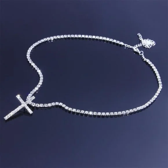 Big Cross Necklace Tennis Chain Crystal Rhinestone Choker Necklace Women Collar - Picture 7 of 8